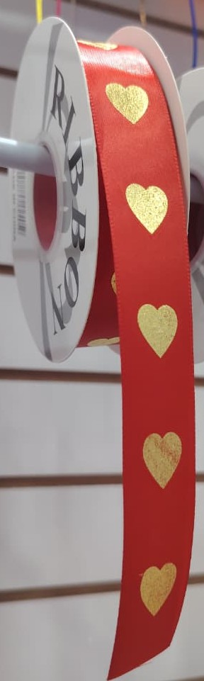 CINTA DECORATIVA ROJA CON CORAZONES DORADOS 2.5MM X METRO — MKS Mercería