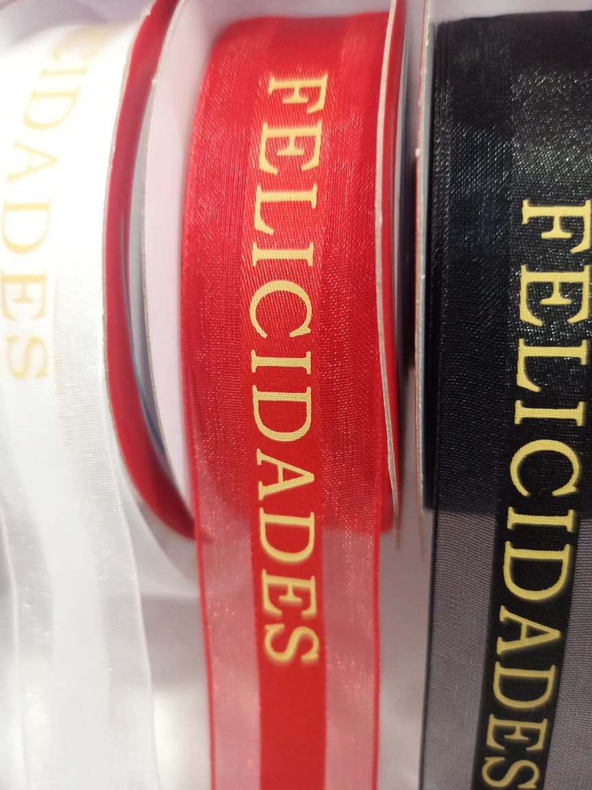CINTA DECORATIVA ROJA “FELICIDADES” 2.5MM X METRO — MKS Mercería